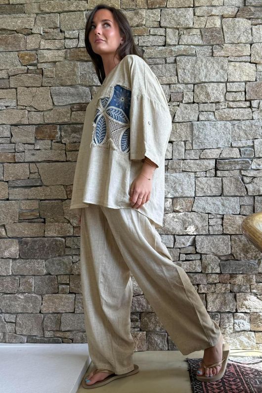 Lindin Linen Blend Crochet Flower Top Washed Sandstone